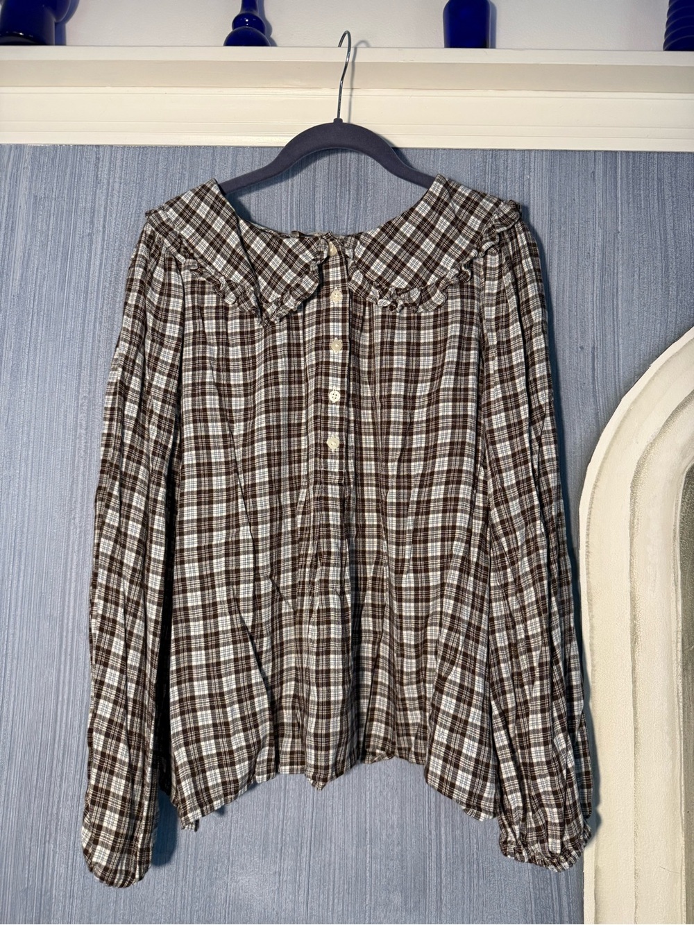 LOFT Plaid Statement Ruffle Blouse in Brown & Blue Size XL Like New